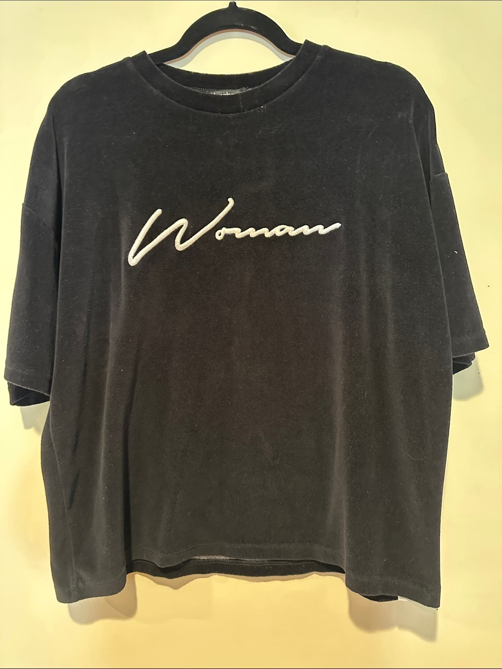 Boohoo Black Velvet Short-Sleeve Tee with White 'Woman' Embroidered Script
